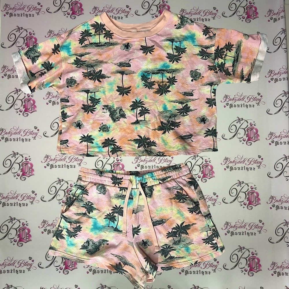 2 piece tropical set palm trees sorbet sunset tye dye orange pink green blue 🏝️